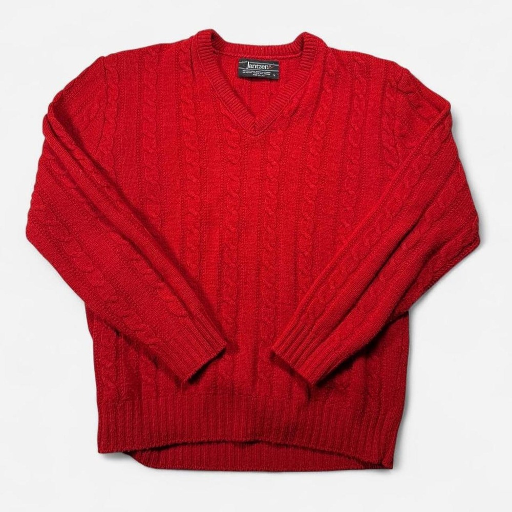 Vintage Jantzen red cable knit v-neck sweater, made in USA, size L